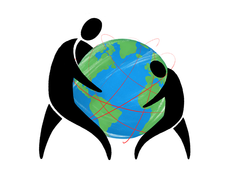 Two figures holding a globe