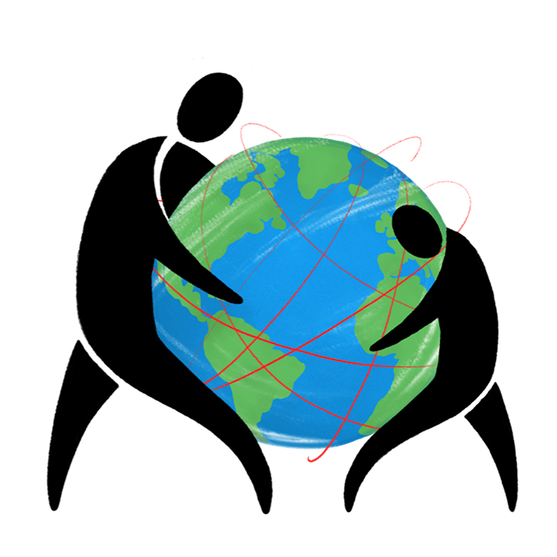 Two figures holding a globe
